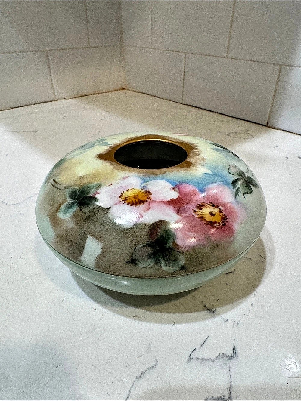 VAN ROSE Floral Ceramic Two-Piece Decor Vessel in Green & Pink